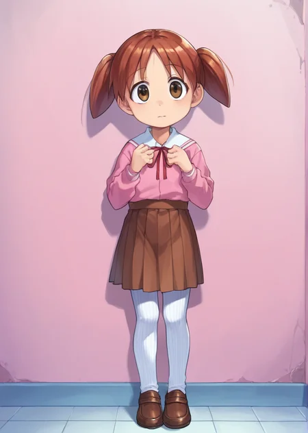 score_9, score_8_up, score_7_up, score_6_up, source_anime, zPDXL, <lora:ALTXL_pony_0061_8:2>, BREAK
1girl, solo, <lora:Mihama_Chiyo_Chiyo-Chan:0.9> chiyo, twintails, Auburn hair, brown eyes, short twintails, little girl, child, leaning against a wall, casual, school uniform, brown loafers, brown skirt, pink shirt, white collar, red ribbon, neck ribbon, <lora:Cotton_Tights:1> ribbed tights, white tights,