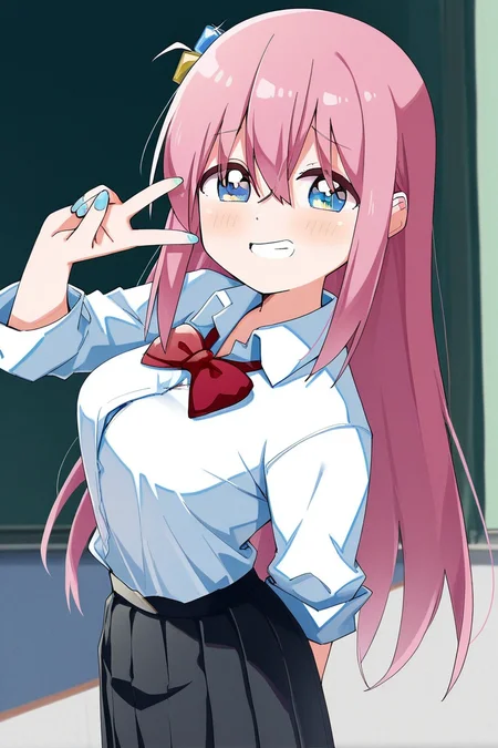 masterpiece, best quality, amazing quality,
 <lora:Haru_IL:1> haru, 1girl, hair ornament, pink hair, solo, long hair, skirt, blue eyes, smile, cube hair ornament, red bow, shirt, white shirt, bow, hair between eyes, school uniform, v, pleated skirt, looking at viewer, one side up, bowtie, collared shirt, bangs, black skirt, grin, nail polish, bocchi, gyaru