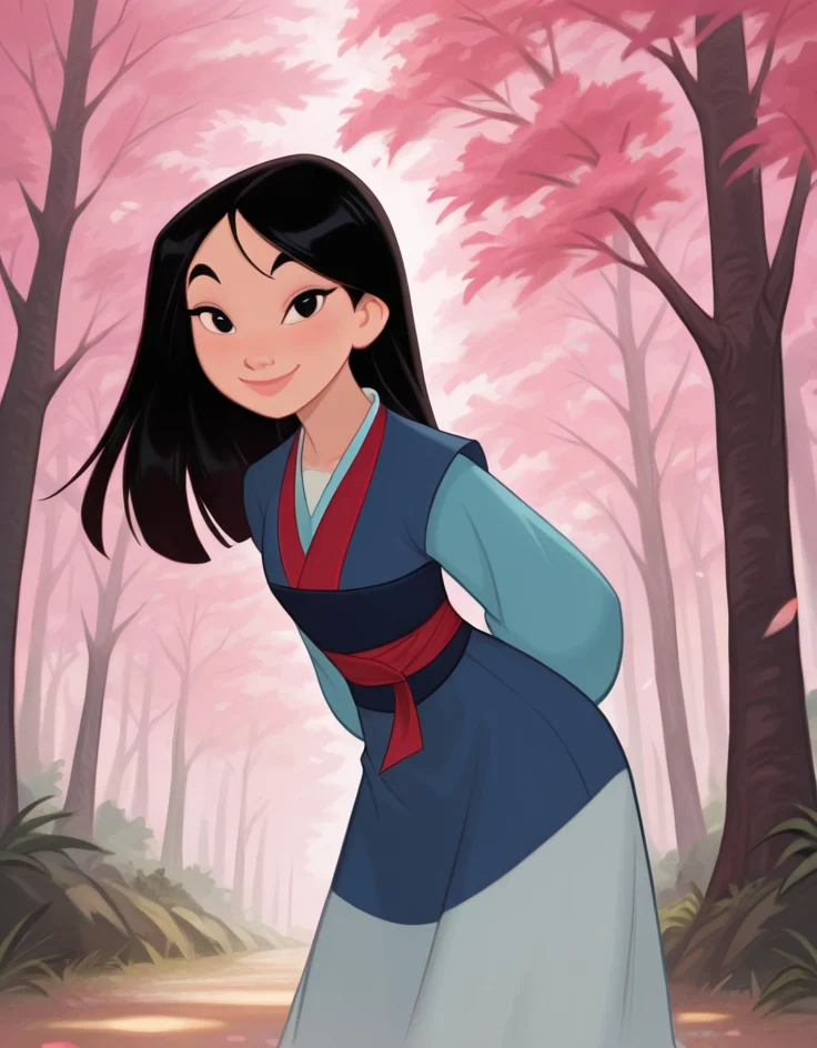 masterpiece, best quality, amazing quality, very aesthetic, absurdres, newest, detailed background, cowboy shot, 4k, 8k, forest, cherry tree,
mulanxd, 1girl, solo, black hair, full body, black eyes, smile, dress, long hair, arm behind back, looking at viewer, standing, long sleeves, korean clothes,
<lora:Mulan_-_Disney_Illustrious:1>