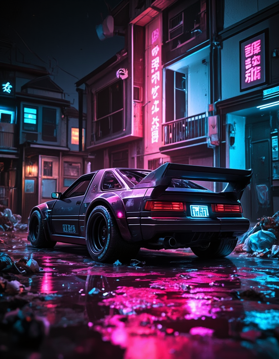 <lora:CWMinis01v2flux:1> cw01mini, cyberpunk, cyberpunk car, garbage, glow, glowing kanji, house, illuminated, low angle shot, low apartment, night, wet, reflections, car neons,