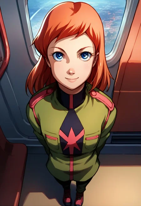 score_9, score_8_up, score_7_up, solo, 1girl, female focus, source_cartoon, 2D, solo, julie_power, red hair, blue eyes, flat chest, uniform, zeon officer, spacecraft interior, looking at viewer, smile, from above, full body