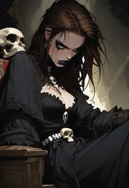 score_9, score_8_up, score_7_up, g0th1cxl ,bone white skin, black goth makeup, black lipstick, smeared makeup, sinozick style, Expressive, source_comic, extremely attractive woman sitting on a throne of skulls, brunette , horny, large perky breasts, black frilly blouse, skull belt, frilly black miniskirt, black fighter stockings, indentation , dynamic sexy pose, gothic background, bad photo composition, accidental photo, poorly framed, out of focus , 
BREAK 
dramatic angle, unique perspective, unique angle,