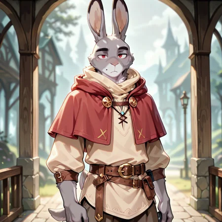 masterpiece, best quality, amazing quality, very aesthetic, solo,
harengon, furry hare, tail,
1 boy, male focus, red eyes, gray skin, red capelet, beige shirt,
looking at the viewer,
fantasy background, blurred background,