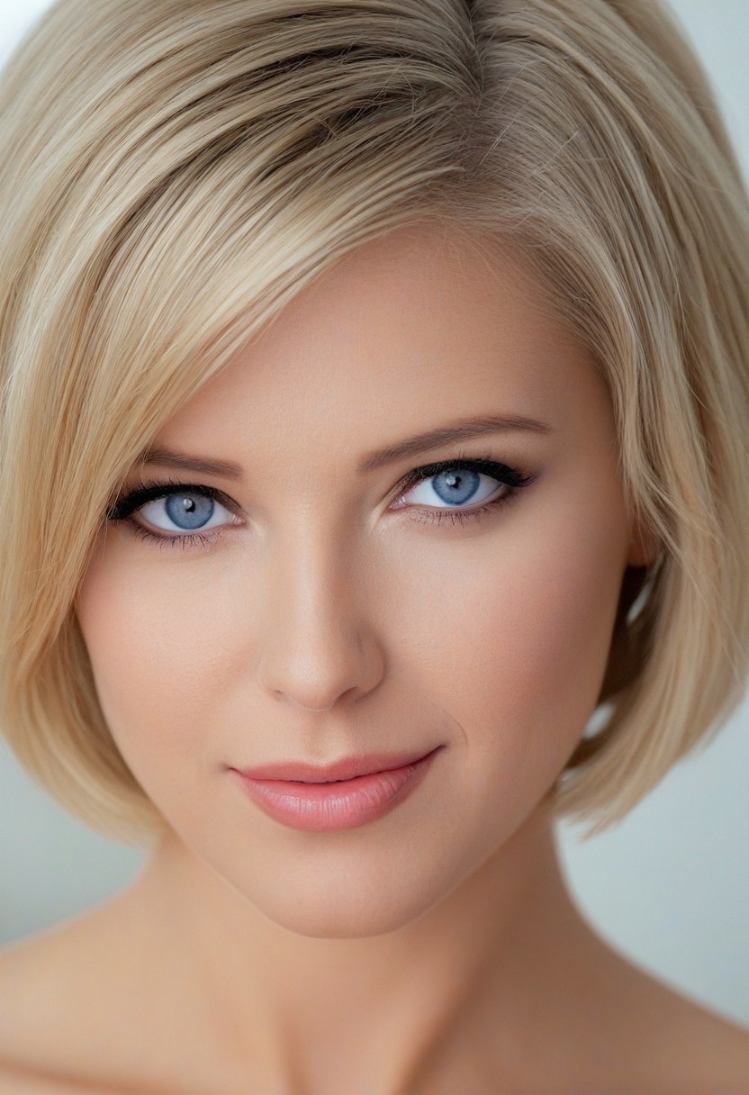 beautiful blonde woman with short hair and blue eyes.