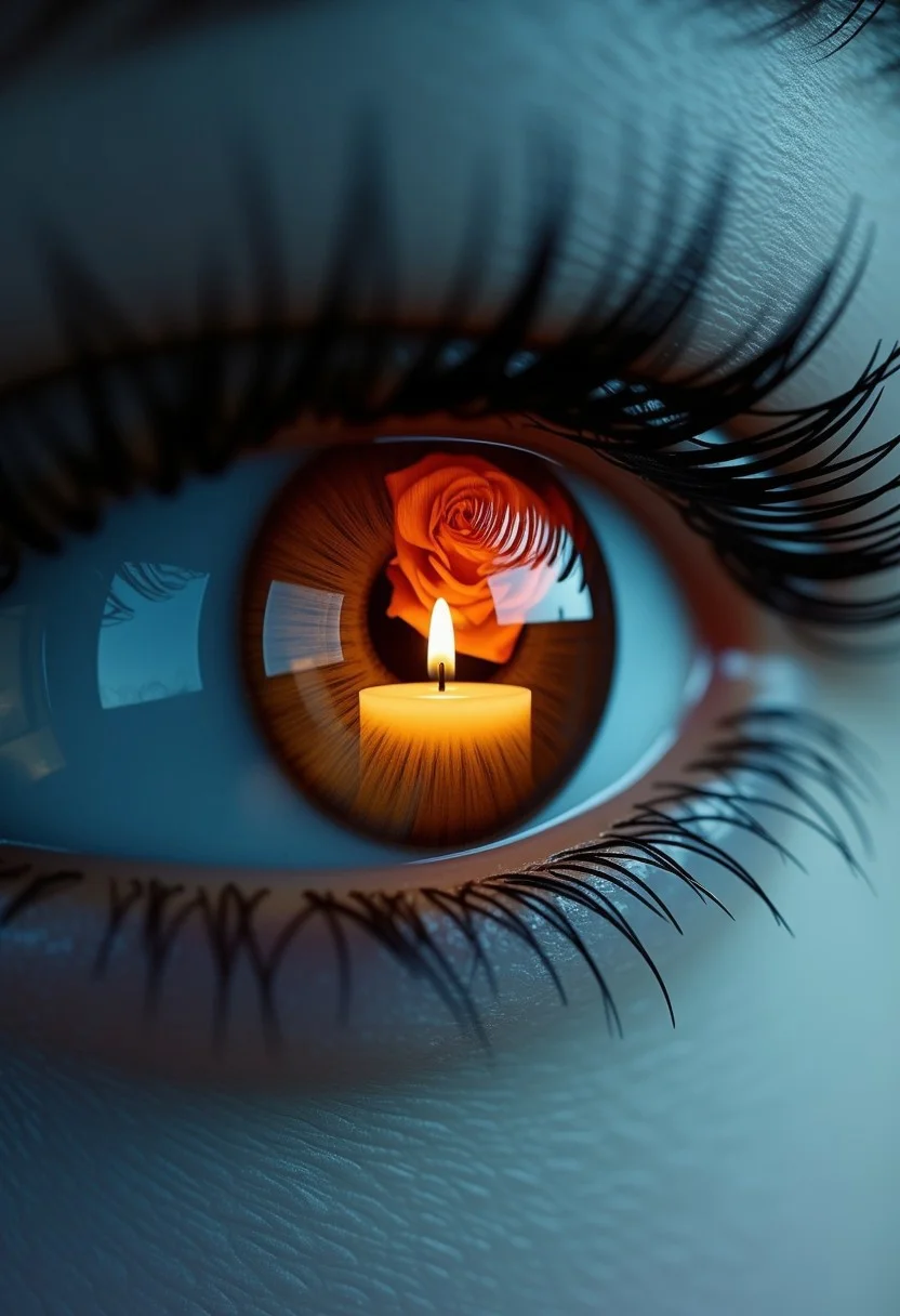 Photo of a double exposure picture in the shape of a human eye, inside the eye shape is a detailed image of a rose and burning candle at night, with candlelight and romance. Like eye texture.
