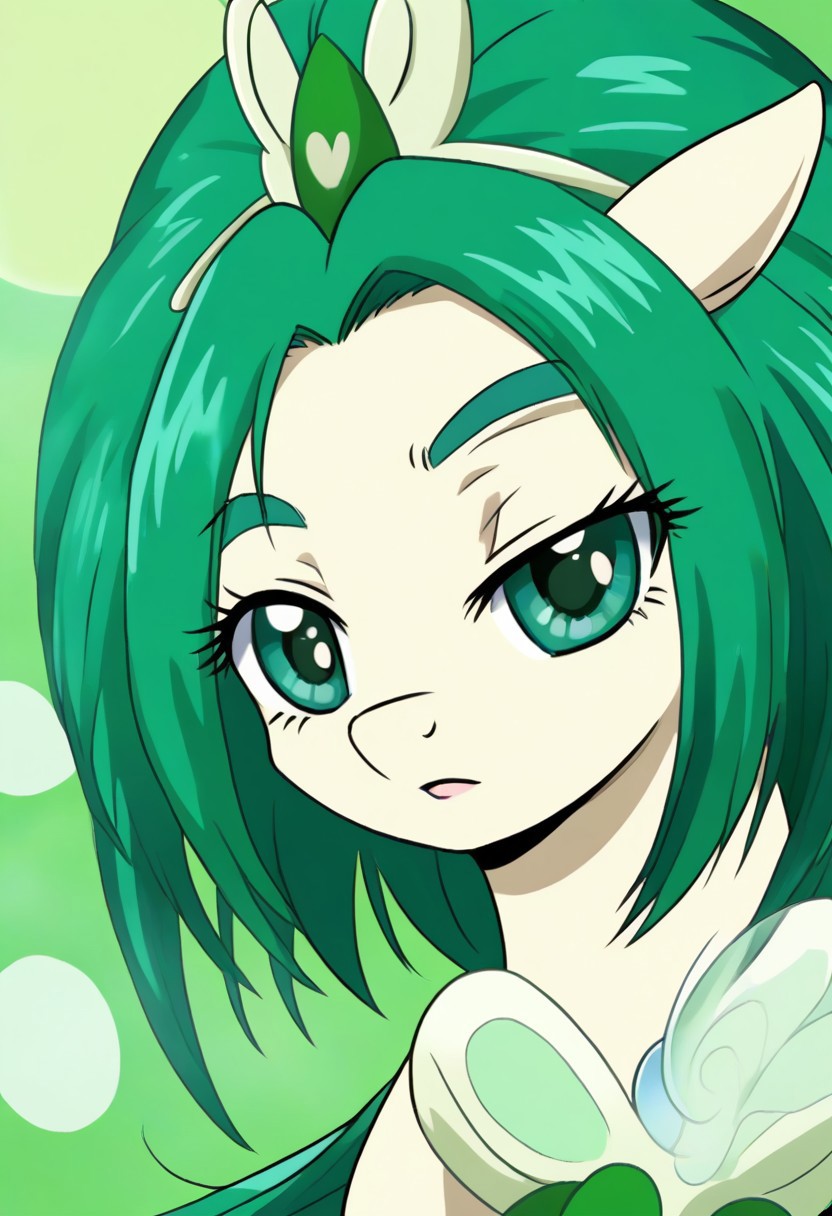 detailed background, green hair,, shiny skin,green eyes,<lora:curemint.pony:1>, curemint, solo,