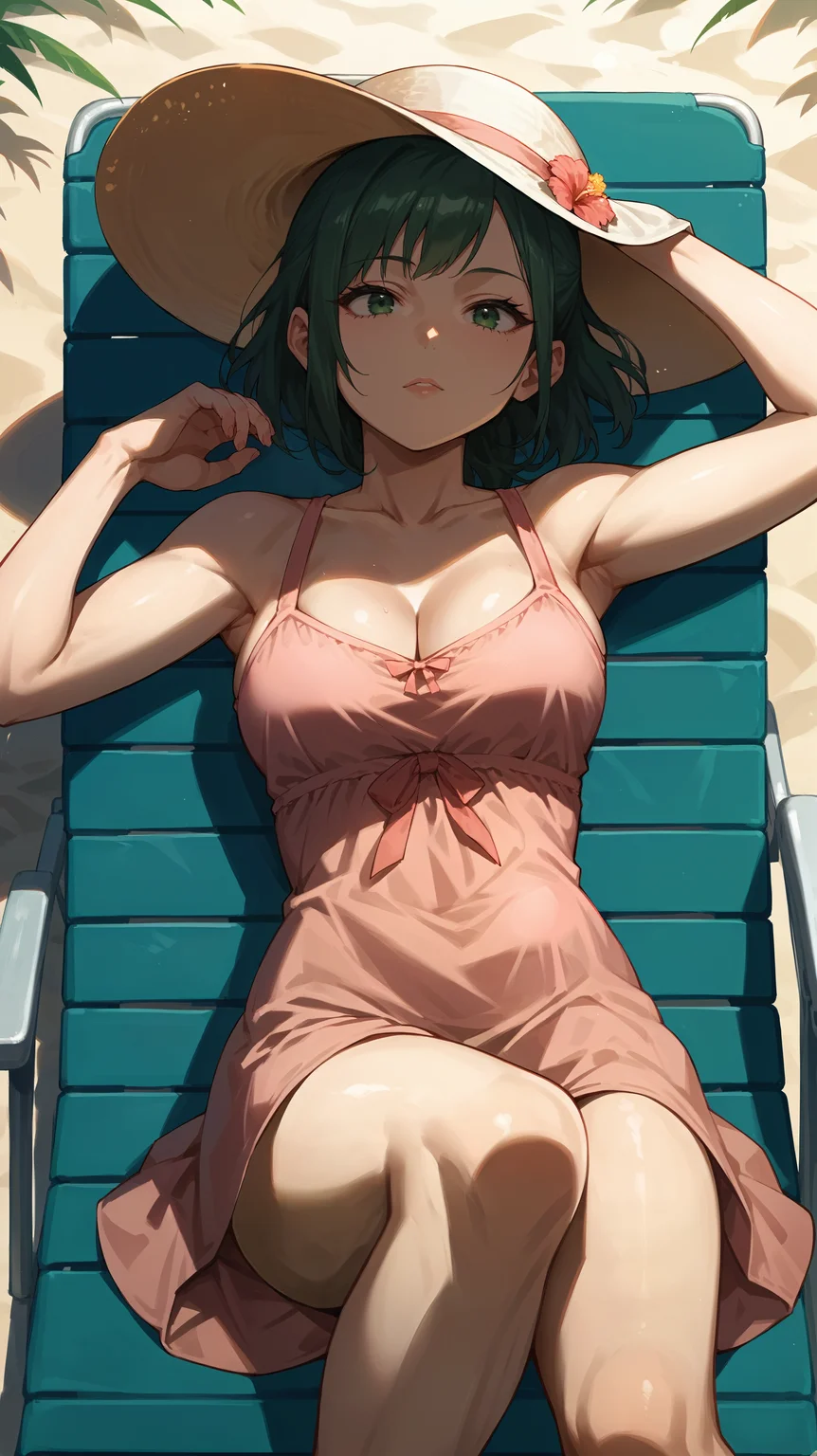 score_9,score_8_up,score_7_up,score_6_up, <lora:xl_more_art-full_v1:0.5>, source_anime, woman, dynamic pose, in ecstasy, <lora:Inko Midoriya - Pony-000004:0.8>, green hair, short ponytail, green eyes, pink sundress, vacation, cleavage, sun hat, sunbathing, reclining, sunbathing chair,