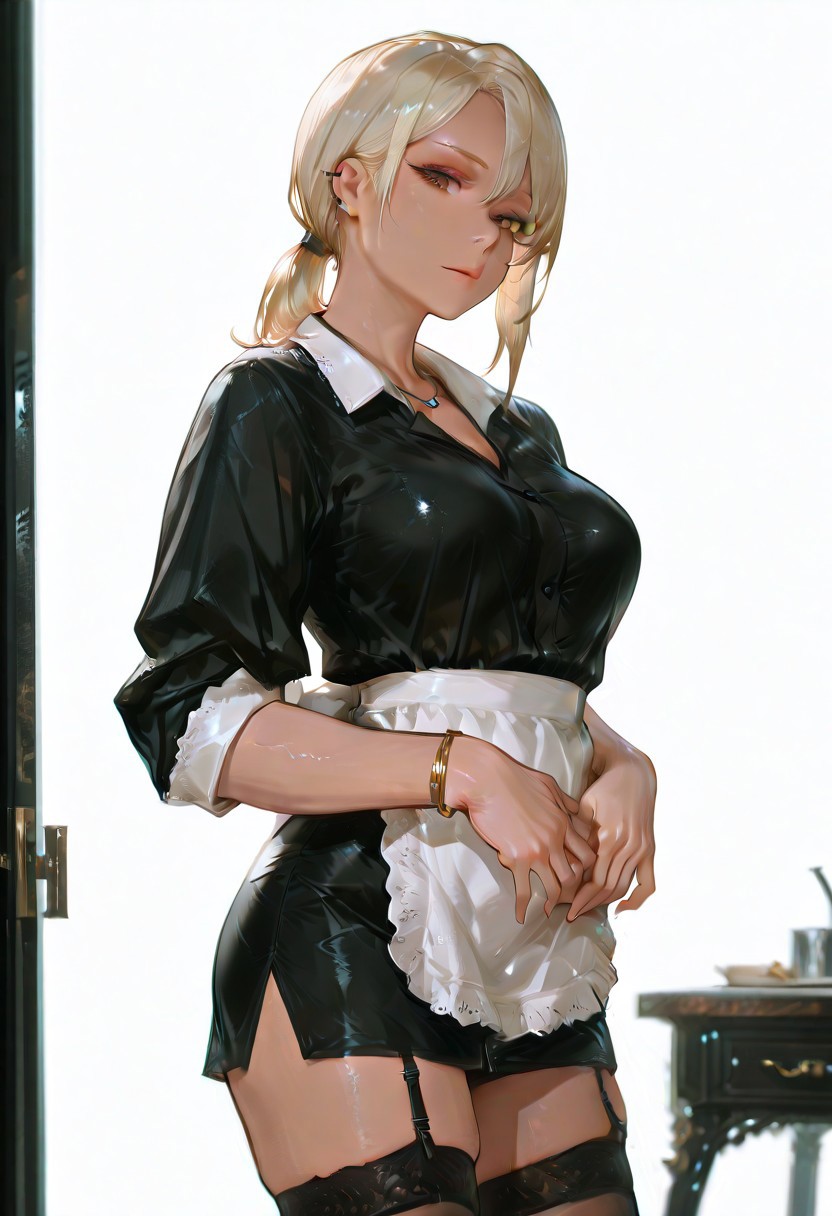 masterpiece, best quality, hyper-realistic, ultra-HD, luminous lighting, cinematic ambiance, shimmering gradients, ethereal glow, deep contrast, rich color tones, seductive atmosphere, captivating sensuality, Cinematic Lighting, raytracing, volumetric lighting, ambient occlusion, very awa, absurdres, amazing quality, ultra-detailed,8K,illustration,CG,
BREAK
shiny hair,clear skin,ultra-detailed-eyes,simple background,cute girl, eyelashes, slender, long hair, large breasts, (mature female:1.1), uncensored, slim body, 
BREAK
usnr, good_hands, white background, 748cmstyle, 
nagisa, brown eyes, blonde hair, medium hair, large breasts, dark skin, ear piercing, pendant, bracelet, cowboy shot, maid, apron, thighhighs, garter straps, black dress,Ponytail, from viewer,