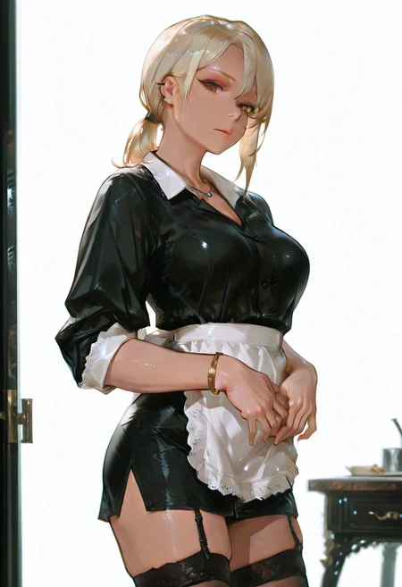 masterpiece, best quality, hyper-realistic, ultra-HD, luminous lighting, cinematic ambiance, shimmering gradients, ethereal glow, deep contrast, rich color tones, seductive atmosphere, captivating sensuality, Cinematic Lighting, raytracing, volumetric lighting, ambient occlusion, very awa, absurdres, amazing quality, ultra-detailed,8K,illustration,CG,
BREAK
shiny hair,clear skin,ultra-detailed-eyes,simple background,cute girl, eyelashes, slender, long hair, large breasts, (mature female:1.1), uncensored, slim body,
BREAK
usnr, good_hands, white background, 748cmstyle,
nagisa, brown eyes, blonde hair, medium hair, large breasts, dark skin, ear piercing, pendant, bracelet, cowboy shot, maid, apron, thighhighs, garter straps, black dress,Ponytail, from viewer,