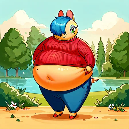 score_9, score_8_up, score_7_up, Shebbs, Maydine, Blue Hair, Hair Covering one eye, Red Sweater, Pants, Makeup, beauty mark, outside, Belly