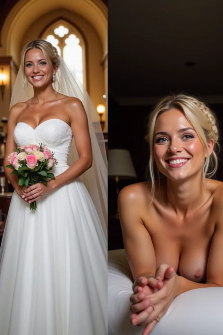 side-by-side photos of a blonde woman with a braided updo. On the left side she is wearing a wedding dress in a church and holding flowers, smiling. On the right side she is in a hotel bedroom on all fours, completely nude at night