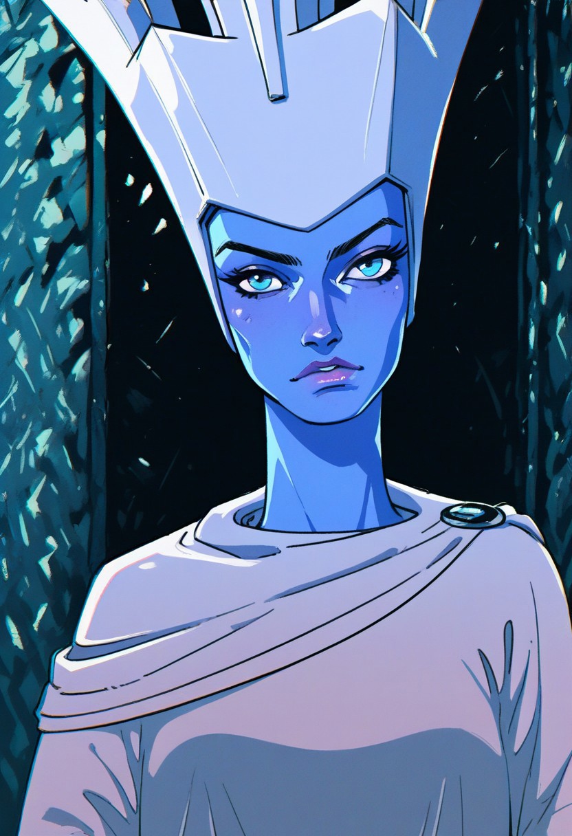 score_9, score_8_up, score_7_up, 1girl, solo, sn0wqu33n, colored skin, blue skin, blue eyes, crown, cape, white dress, closeup, portrait, sinozick style, flat color,