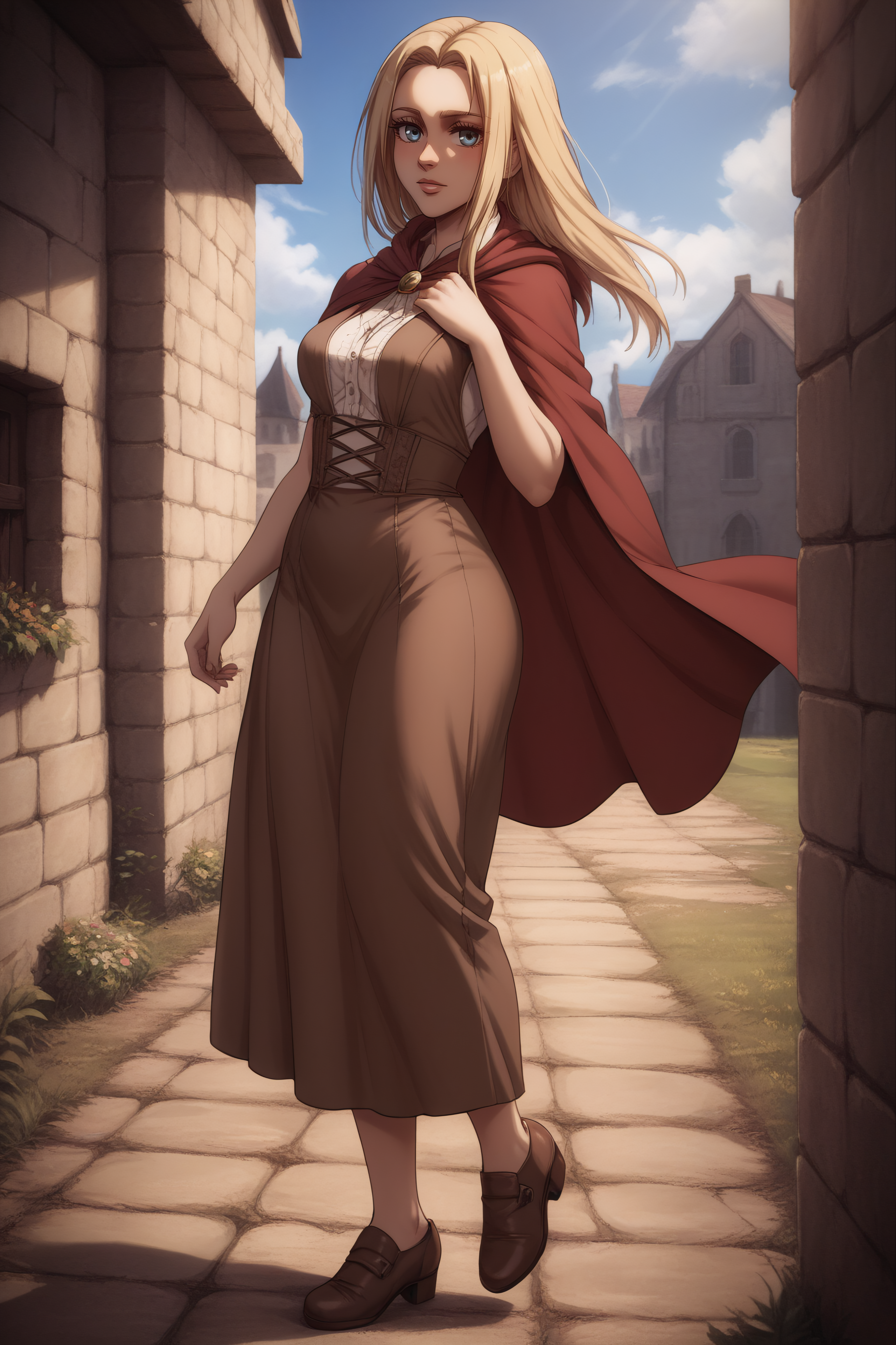 score_9, score_8_up, score_7_up, BREAK source_anime, <lora:historia reiss v2-PonyXL-lora-Faxtron:0.8> historia reiss, medium breasts, long brown dress, red cape, shoes,