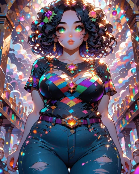 PonyScores7, source_anime, ah1, BREAK 1girl, (curly hair), long hair, (black hair:1.3), mature female, (parted hair:1.7), (round face:1.2), (fringe:-0.5), (bangs:-0.5), (hair between eyes:-0.5),  (thick eyebrows), (curvy), round-chin, (greenish hazel eyes), caucasian, (downturned eyes:1.4), (plump face), <lora:ETO_OCPonyXL:0.5> eto_oc, skindentation, (plump), thick thighs, wide hips, busty, voluptuous, kinky curls, lips, <lora:venus body PonyXL:0.4>,  (come hither), (bungee jump, perfect fingers, perfect hands), (Dragon's Treasure Vault with Gold Piles and Precious Gems), looking at viewer, (Grape Purple Attend a rock concert in a band t-shirt and ripped jeans), BREAK <lora:xl_more_art-full_v1:0.2>, <lora:shinyskin2:0.2> glistening skin, <lora:aesthetic_anime_v1s:0.2>, <lora:Expressive_H:0.2> Expressiveh, <lora:hairdetailpxl:0.2> hairdetailpxl, <lora:EpicF4nta5yXL:0.2>, <lora:detailxl:0.2> detailxl, <lora:Fant5yP0ny:0.2>, best quality, amazing quality, best aesthetic, absurdres, <lora:expressive eyes:0.2> expressive eyes, <lora:eyedetailpxl:0.2> eyedetailpxl, illustration, Volumetric_Lighting, ultra-detailed, very aesthetic, intricate details, 8k, masterpiece, best_quality, BREAK (Low angle view Close shot (focus on legs)), BREAK <lora:Eyes_High_Definition:0.3> EyesHD, Stable_Yogis_PDXL_Positives, AS-Adult, <lora:Complicated fantasy portrait - XL Pony V2.0:0.4>, bad-hands-5,