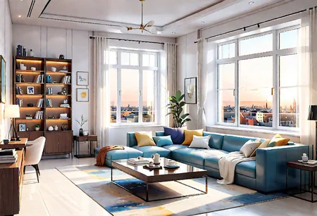 ((front view)), Shallow scene, ((animation style)), modern-style interior, with white walls, (large windows), a  study, Sofa, coffee table, bookcase, single wall, 
warm light morning sun, (the view of the city)