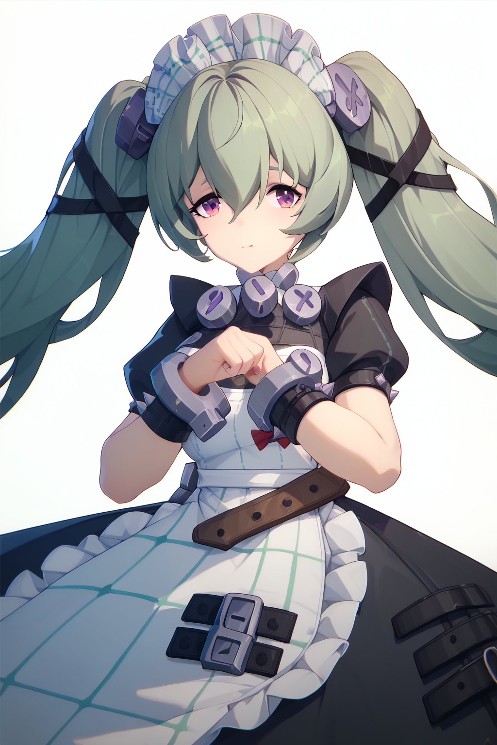 ZZZ_Style,<lora:ZZZ_Style_Pony:1>  <lora:corin_wickes_PDXL:1>corin wickes,green hair,purple eyes,hair between eyes,twintails,medium breast,maid headdress,puffy short sleeves,black dress,white apron, Score_9, Score_8_up, Score_7_up, Score_6_up, Score_5_up, Score_4_up, BREAK,1girl in full growth, best quality, masterpiece, ultra-detailed, high quality,good quality,1 girl,(master piece,high resolution, ultra detailed,8K,16K),look at viewer