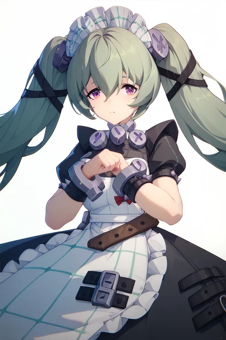 ZZZ_Style,<lora:ZZZ_Style_Pony:1> <lora:corin_wickes_PDXL:1>corin wickes,green hair,purple eyes,hair between eyes,twintails,medium breast,maid headdress,puffy short sleeves,black dress,white apron, Score_9, Score_8_up, Score_7_up, Score_6_up, Score_5_up, Score_4_up, BREAK,1girl in full growth, best quality, masterpiece, ultra-detailed, high quality,good quality,1 girl,(master piece,high resolution, ultra detailed,8K,16K),look at viewer