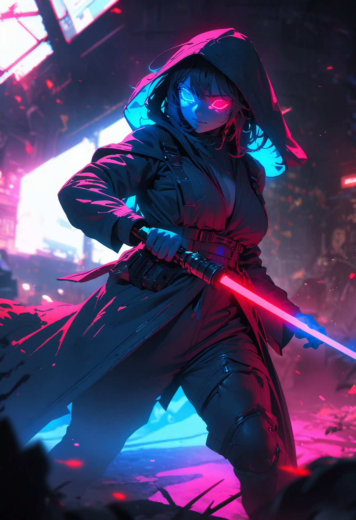 (masterpiece), best quality, (4K), (cinematic blue lighting), Colorful, vibrant, spot color, highly detailed, sharp, high resolution, 4K, UHD, 8K, masterpiece, ultra_high_resolution, OverallDetailXL, sci-fi, medieval neon lights, gloe, dramatic contrast, extraordinary, hyperrealistic, cinematic lighting, complex, immersive, intricate, 1girl, solo, jedi outfit, led, hooded cloak, holding blade, lightsaber, dynamic angle, stance, ultra highres, absurdres, deep glow effect, hdr, light particles, cinematic lighting, depth of field