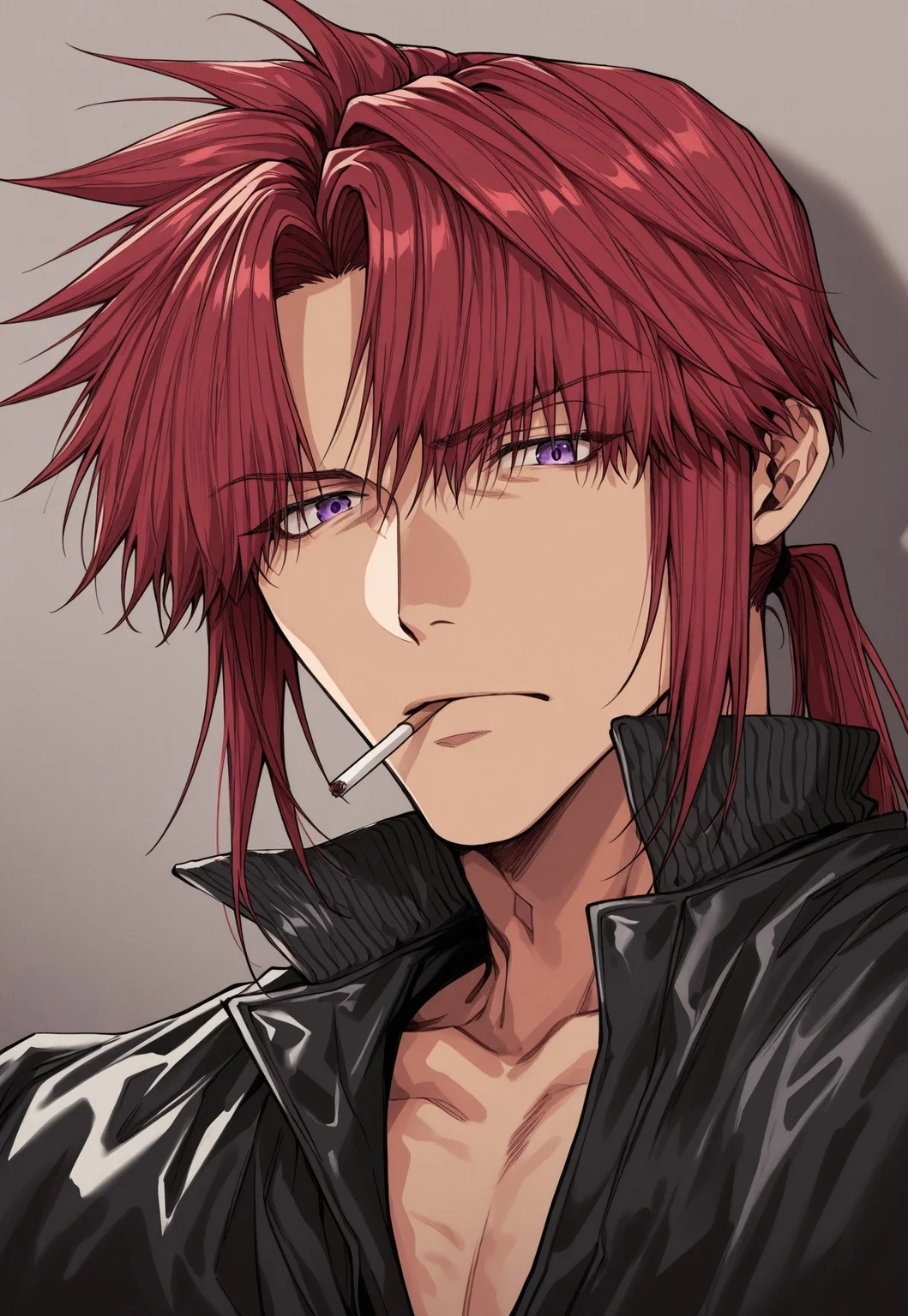 MinekuraStyle, BREAK
1boy, mouth hold, cigarette, smoking, frown, portrait, long hair, ponytail, red hair, black jacket, purple eyes