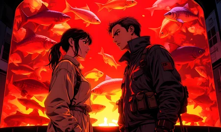 This image captures a captivating and surreal scene of an aquarium filled with various fish, all illuminated by a striking red light. The fish are depicted in a somewhat abstract and artistic style, with their forms blending and overlapping in a way that creates a sense of movement and fluidity. The red lighting casts an eerie glow on the fish, highlighting their features and adding to the otherworldly atmosphere.
The aquarium is cylindrical in shape, with a large viewing window to observe the fish up close. 
Two characters in a standing in middle and looking at each other eyes. Their mutual love can be seen.
The character on the left is dressed in a light-colored outfit that appears comfortable and practical. Her hair is tied back in a ponytail, and she has a calm, contemplative expression as she looks towards the other character. 
The character on the right is wearing a dark jacket with straps and pouches, suggesting a more rugged or adventurous persona. He has short, neatly styled hair and his expression is serious and focused. 
The background of the image is dark, which further emphasizes the brightness of the red light and the details of the fish. The overall mood of the image is one of mystery and intrigue, inviting the viewer to explore the depths of this underwater world and imagine the stories behind the creatures within.
Warm yellow ambient light is radiating from bottom lighting characters up.
BREAK anime, bboil artist style, Comic book style, pingtu style, illustration-fen, <lora:FLUX\Synesthesia:0.2>, <lora:FLUX\RetroAnimeS1.1:0.4>, <lora:FLUX\Flux-jijia:0.1>, <lora:FLUX\RM_Artistify_v1.0M:0.1>, <lora:FLUX\illustration:0.30000000000000004>, <lora:FLUX\GLSHS:0.30000000000000004>, <lora:FLUX\Comic book style:0.4>