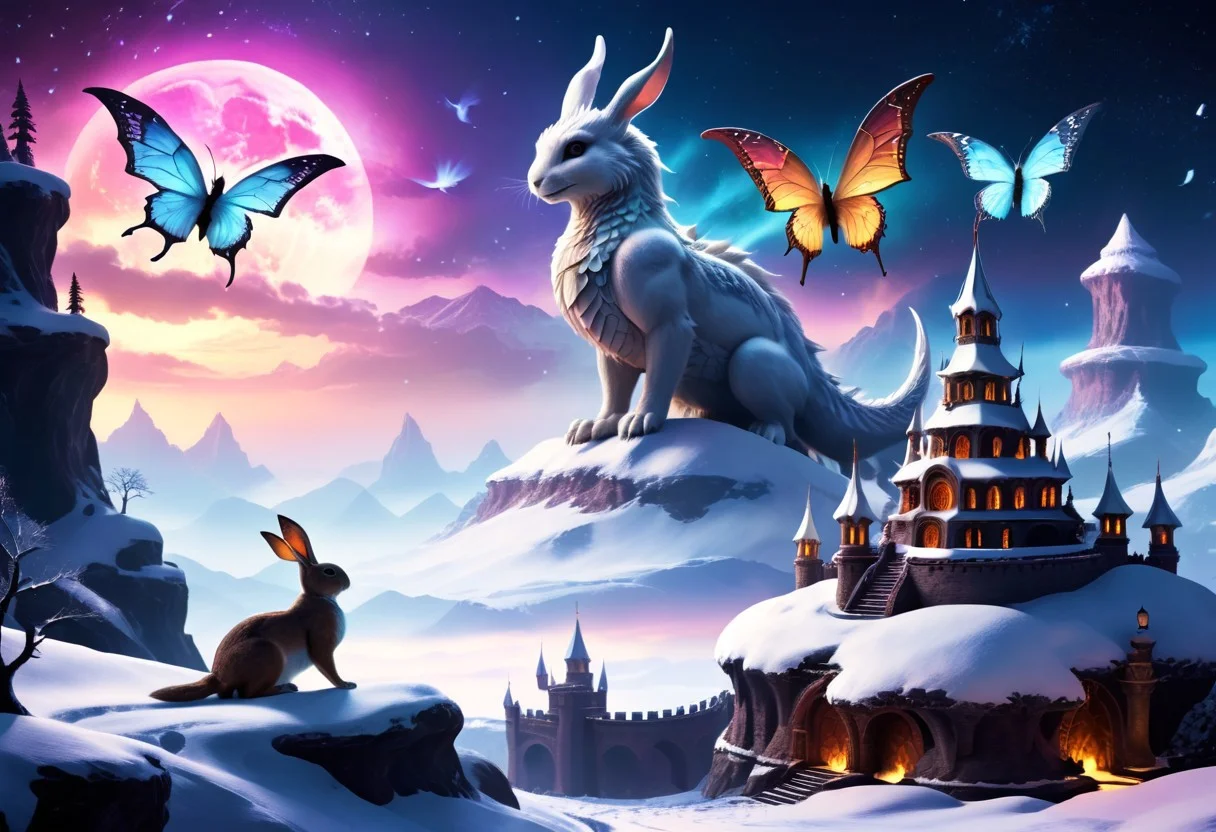 A fantasy snow landscape with snow and normal rabbits, Snowfall at sunset, colorful and luminous butterflies, flying dragon above the sky, there is a castle in the background