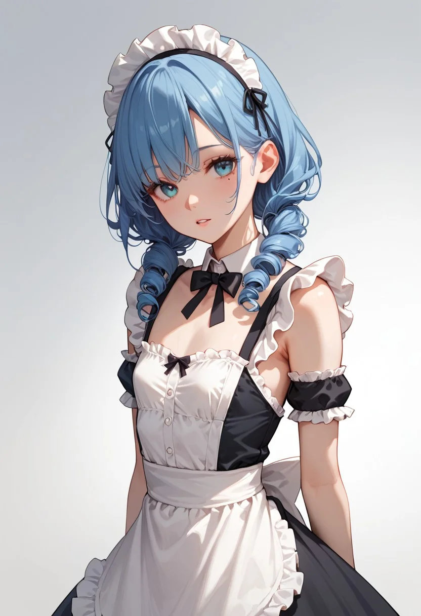 score_9, score_8_up, score_7_up, score_6_up, score_9, score_8_up, 1girl, very long blue hair, bangs, curly pigtails, slim body, small chest, mole, parted lips,  looking at viewer, standing, maid, maid outfit, short hair, gradient, gradient background, solo, upper body