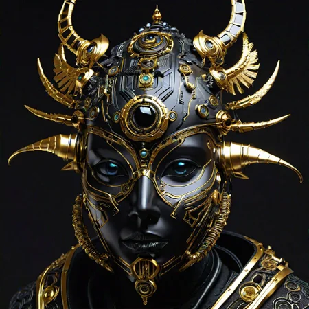 ritual mask ,robotic shaman, Tech noir, Mind-hive , <lora:Ritual_Mask_SD15:0.75>