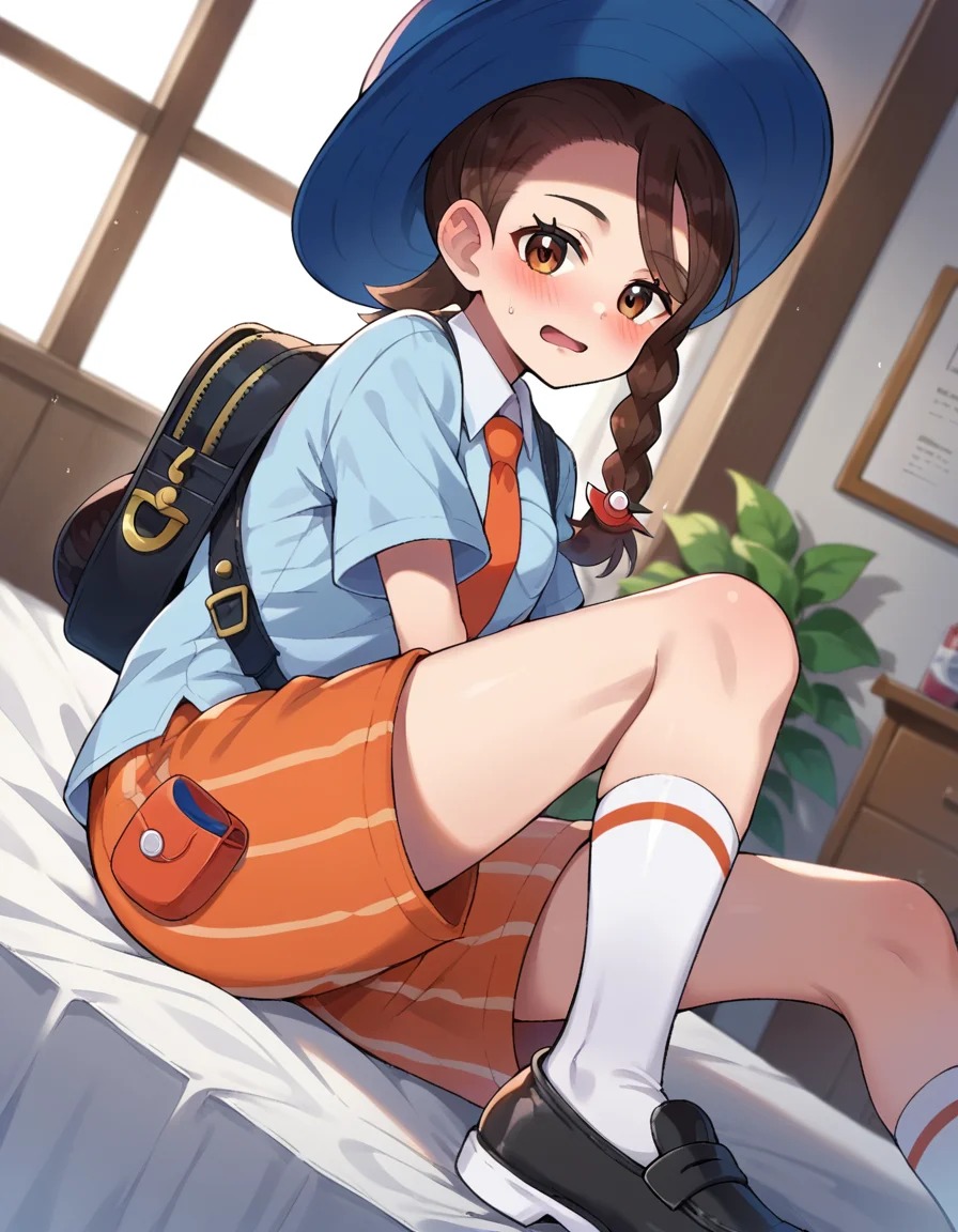 score_9, score_8_up, score_7_up, source_anime,
pokemonjuliana, <lora:pokemon-juliana-ponyxl-lora-nochekaiser:1>
pokemonjuliana, braid, brown eyes, brown hair, hair ornament, hairclip, side braid, single braid, swept bangs,
backpack, bag, black footwear, blue headwear, blue shirt, breast pocket, collared shirt, hat, kneehighs, naranja academy school uniform, necktie, orange necktie, orange shorts, pocket, school uniform, shirt, shoes, short sleeves, shorts, socks, striped, striped shorts, sun hat, white socks,
indoors, bed, bed room, on side, blush, drunk,
looking at viewer, cowboy shot, dutch angle,