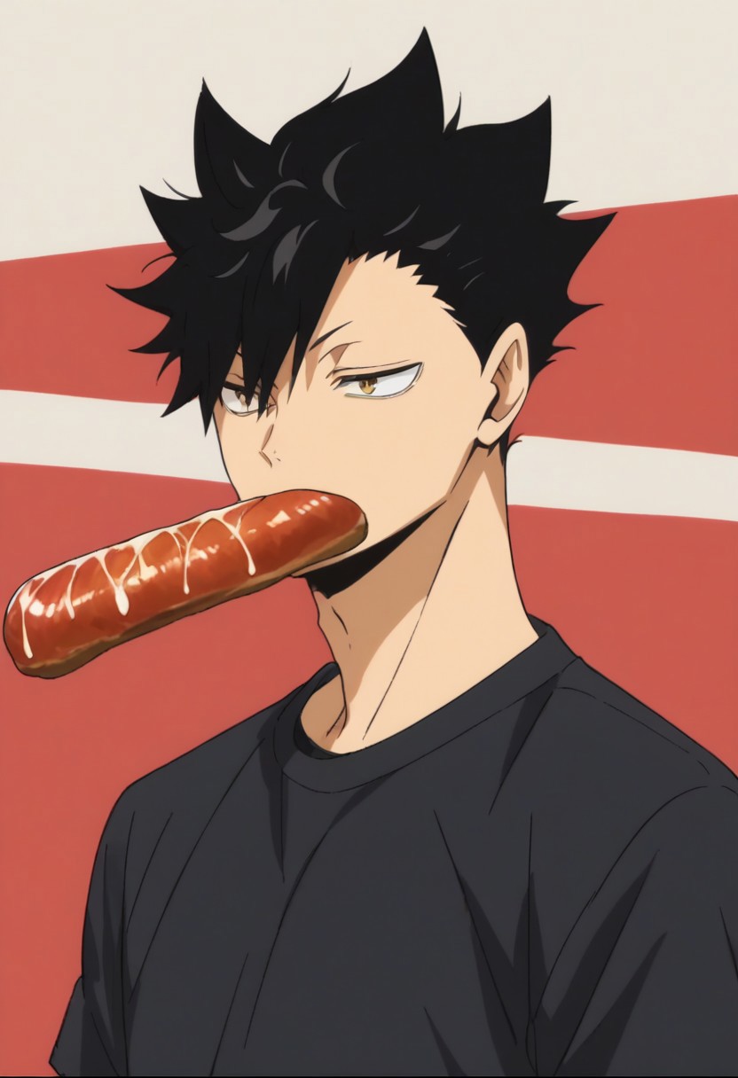 score_9, score_8_up, score_7_up, source_anime, rating_safe, steak in mouth, Kuraikyu, 1boy, male focus, anime screencap, black shirt, simple light red background,  cute patterned wallpaper, upper body,