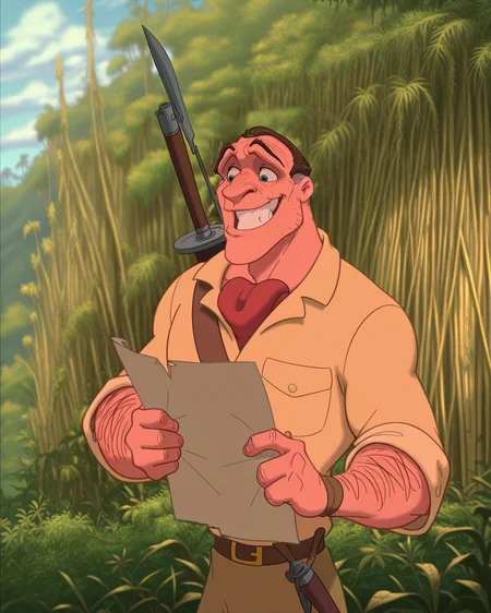 masterpiece, best quality, amazing quality, absurdres, DisneyRenstyle, TClayton, DTarz, 1boy, male focus, smile, holding map, parody, weapon, upper body, arm hair, nature, grin, outdoors, shirt<lora:Disney_Renaissance_IllustriousV1:1>