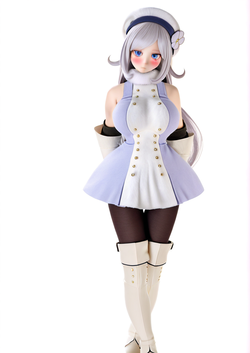 <lora:Azone_International:1>,1girl, aila jyrkiainen, huge breasts, arm behind back, bare shoulders, beret, black legwear, blue eyes, blush, boots, breasts, buttons, closed mouth, double-breasted, dress, elbow gloves, expressionless, full body, fur collar, fur trim, gloves, grey hair, hat, long hair, looking at viewer, pantyhose, parted bangs, sleeveless, sleeveless dress, solo, standing, thigh boots, thigh gap, thighhighs, white footwear, white gloves, white headwear, 
,very awa, masterpiece, best quality, highres, absurdes,amazing quality,year 2024,newest