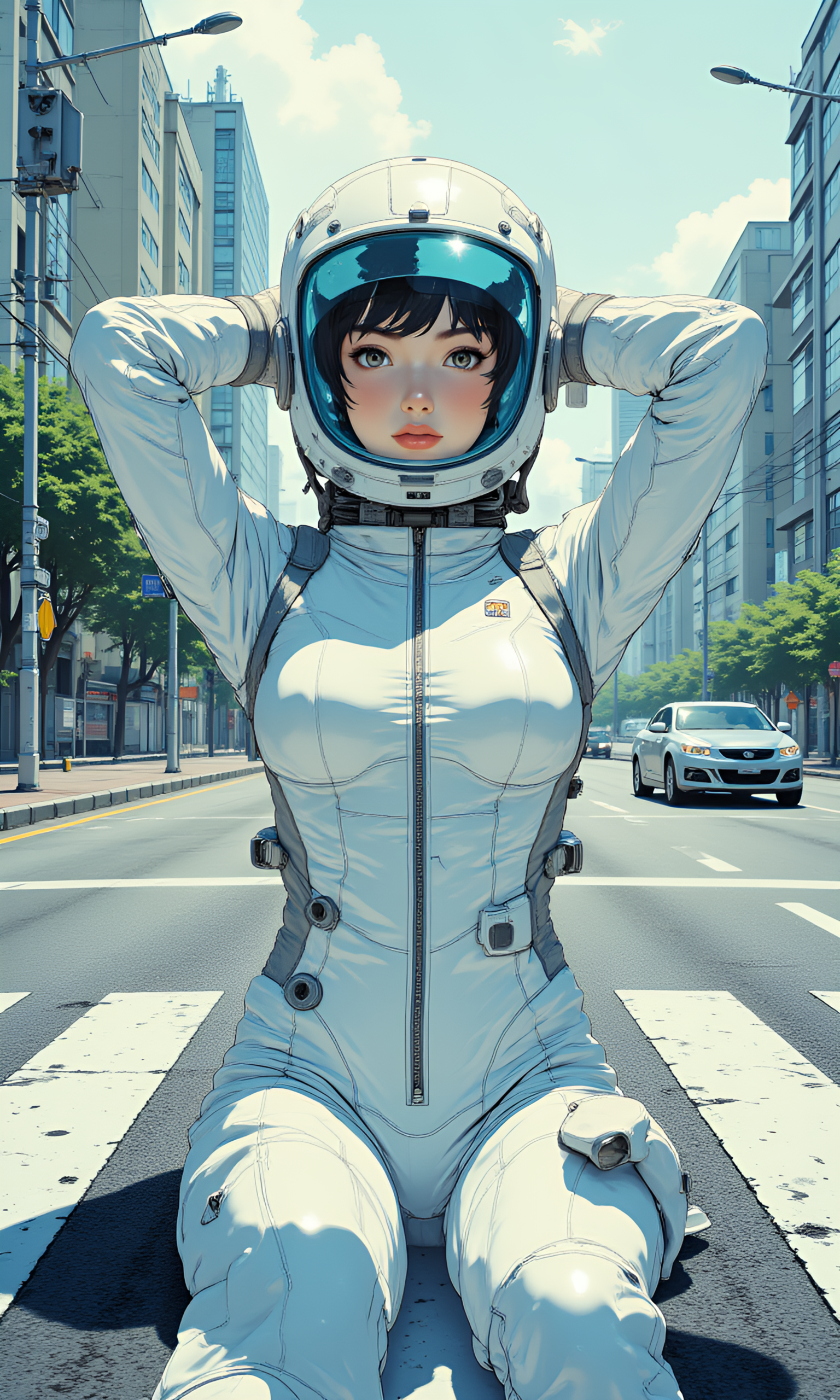 A futuristic female cosmonaut lies relaxed on a modern urban crosswalk, hands tucked behind her head, gazing straight into the camera with calm confidence and subtle curiosity. She wears a sleek, high-tech space suit in glossy white and metallic silver with blue-tinted visor helmet that reflects the sky above. The suit shows fine details like seam lines, ventilation ports, and mission insignias. The background reveals a minimalist city street: clean tarmac with a sharply defined zebra crossing, faint tire marks, and soft urban bokeh in the distance under a slightly overcast sky. The lighting is natural and diffused, casting soft shadows that emphasize the texture of the suit and the smooth pavement beneath her. Atmosphere is surreal yet grounded â combining science fiction with everyday realism, featuring hyper-detailed textures, cinematic depth of field, and vivid clarity.
j_art, j_anime, <lora:FLUX\jul\J_Anime:1.0>
