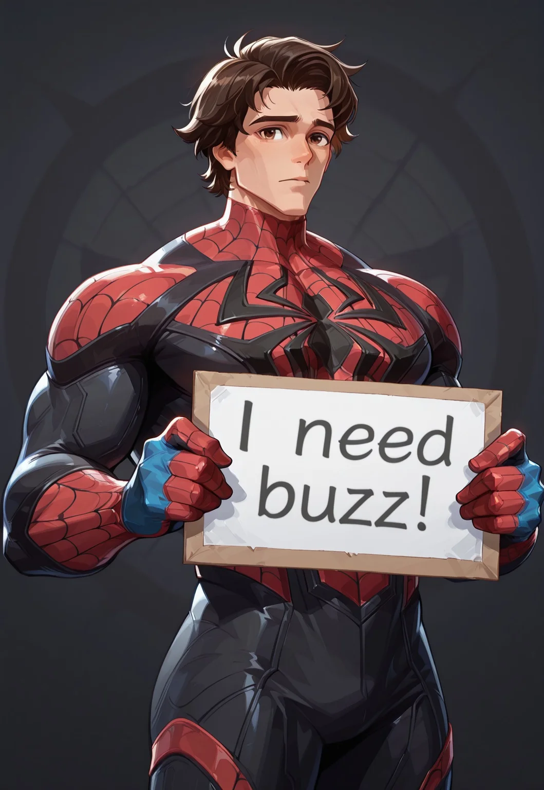 2d, rim light, animification, (1boy, spiderman \marvel\), short brown hair, brown eyes, bara, himbofication, muscular, broad shoulders, big arms, small waist, slim waist, wide hips, curvy body, thick thighs), superhero bodysuit, need_buzz, holding sign, holding a sign with text "I need buzz!", looking at viewer, facing viexwer, whimsical background, very awa, masterpiece, best quality, absurdres, detailed background, newest, perfect quality, intricate details