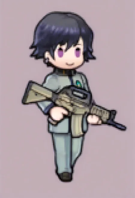 masterpiece, best quality, solo, 1boy, smile, <lora:Feh-Sprites-illus_Fp:1>, chibi, full body, simple background, <lora:Naoya-illus_Fp:1>, naoyap1, black hair, purple eyes, school uniform, emblem, single earring, holding, assault rifle,