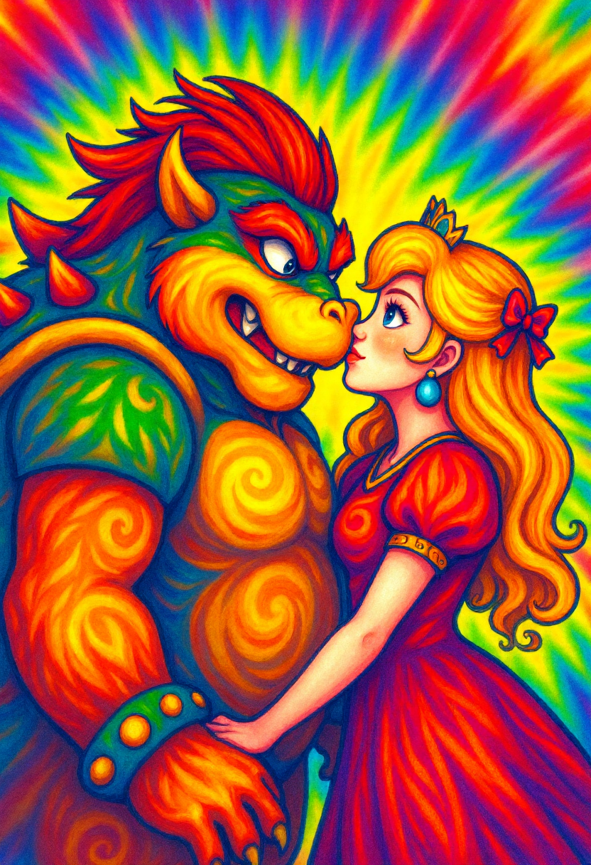 <lora:Tie_Dye_Style_FLUX-000015:1>
This is a vibrant, psychedelic digital drawing of Bowser and Princess Peach romantically kissing rendered in a swirling pattern reminiscent of tie-dye artwork.