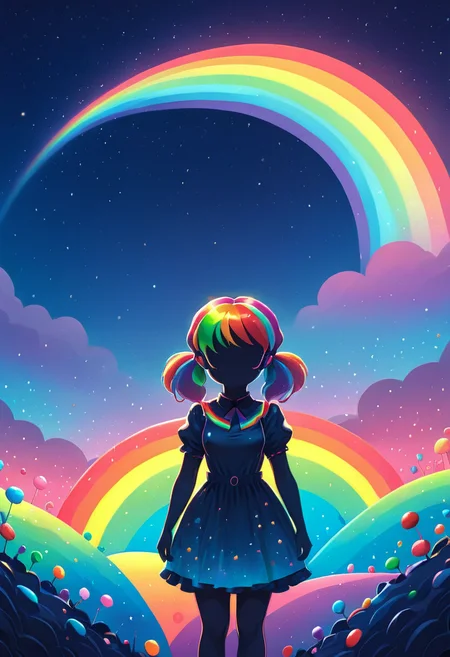 minimal1st, 1girl, solo, night sky, rainbow, beautiful candyland fantasy background, 8k, high quality, vibrant colors <lora:Minimalist_Anime_XL:1>