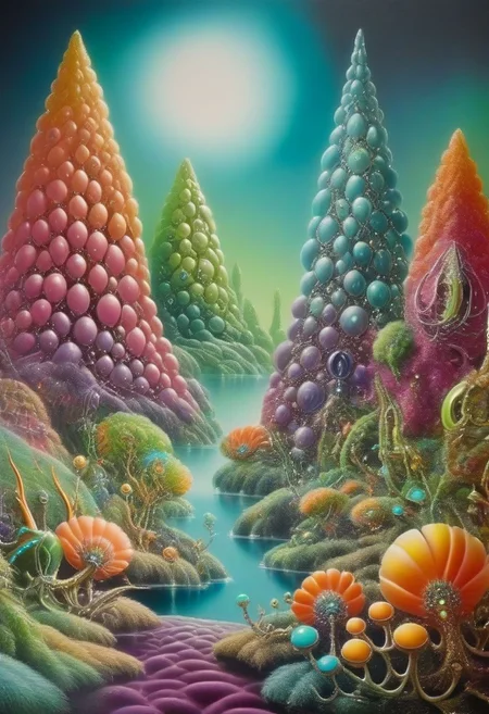 70s airbrush painting of an infinite jeweled alien garden <lora:70s_Sci-Fi_Art_XL:1>