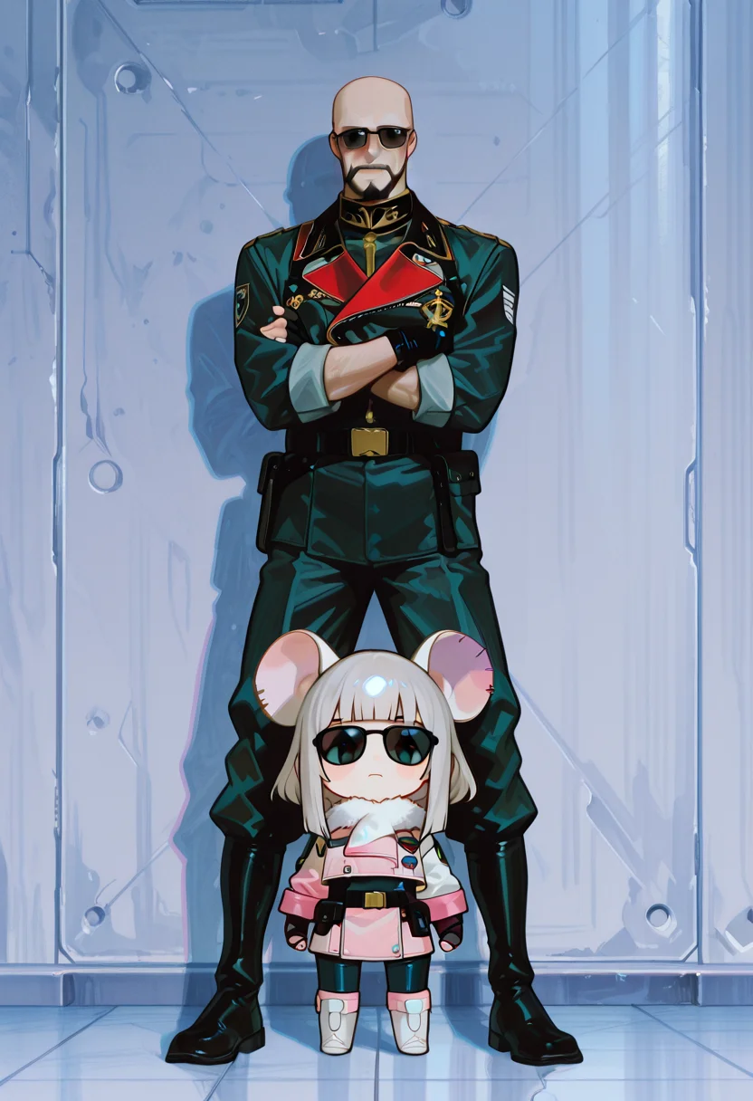 masterpiece, best quality, ultra high res, photorealistic, 8K UHD, hyper-detailed,
BREAK
1girl, 1boy, full body, standing together, facing viewer, arms crossed, legs apart, confident pose,
(((1boy:1.2), Aiguille Delaz, (adult male:1.5), white general's uniform, short gray hair, wearing sunglasses, stern expression, bald, facial hair)),
BREAK
(chibi girl:1.4), light black hair, medium-length hair, blunt bangs, flowing hair, light pink flared sleeves, light pink cropped flight jacket, white base with black pattern tight combat suit, white fur collar, unzipped, patchwork style, high collar, fingerless gloves, wrist guards, functional belt, hip accessory, safety harness buckle, oversized rat ears,
BREAK
military base, dramatic lighting, sharp shadows, anime style,
BREAK
BREAK
<lora:USNR_STYLE_ILL_V1_lokr3:0.8>, <lora:748cmSDXL:0.4>, <lora:FINALE:0.2>, <lora:Train4:0.4>, <lora:DetailedEyes_V3:1>, <lora:IL_Aiguille_Delaz:1>,