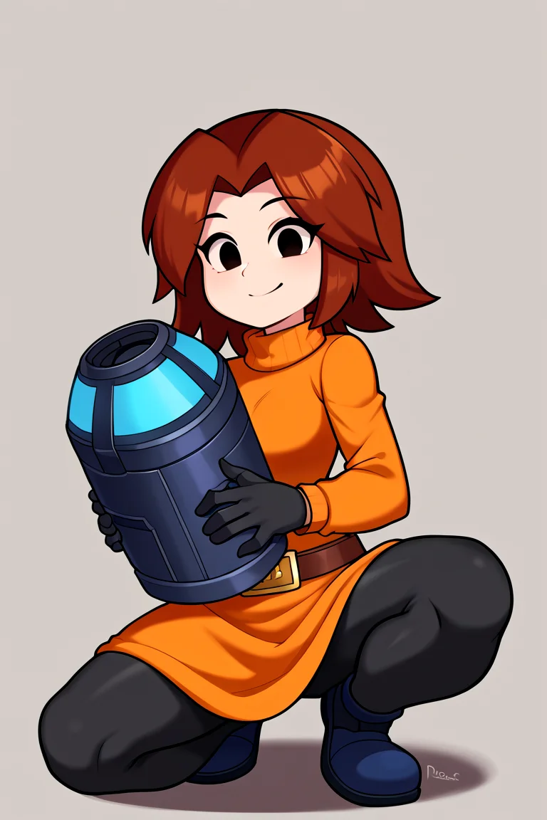 solo, 1girl, sbmiigunner, brown hair, black eyes, parted bangs, medium hair, solid eyes, gloves, long sleeves, Black Leggings, turtleneck, sweater Dress, Orange Dress, Belt, squatting, arm cannon, smile, pin-up pose, left-handed