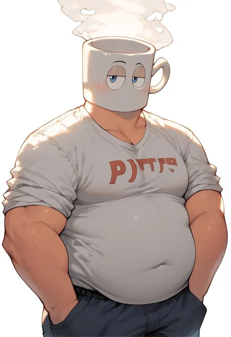 score_9, score_8_up, score_7_up, masterpiece, best quality, lots of details, close-up, solo, male focus, bara, solo, backlight, cartoon style, 2d, detailed background, perfect hands, high quality, perfect anatomy, masterpiece, Joe Cuppa, object head, mug head, mouthless, steam coming out from head, head, red necktie, fat, chubby body, large belly, white t-shirt, blue trousers, cartoon eyes, ray tracing, BREAK, male, looking at viewer, one hand in pocket, one hand waving