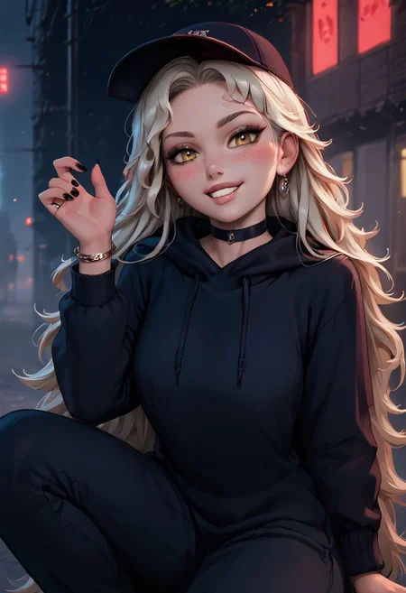 score_9, score_8_up, score_7_up, score_6_up, score_5_up, score_4_up, rating_explicit, 1girl, mischievous, Flora Heloise Daisy, fit woman, rabbit ears, rabbit tail, rabbit feet, 29 year old, face focus, blush, platinum blonde hair, beautiful face, bangs, ((Luscious hair, flowing hair, soft hair, full hair):1.2), black chocker, yellow eyes, toned, slender, perfect big saggy breasts, freckles, nice butt, wide hips, thick thighs, ((detailed fluffy fur, realistic fur, soft fur, fluffy fur, realistic lighting, natural lighting, soft lighting, subsurface scattering,):1.3), beautiful, (hazel eyes), detailed face, realistic face, make up, black lipstick,long nails, black nails, black eyes, sm eyeshadow, long eyelashes, eyeliner,full lips, close up on face, face close up, choker, rings, bracelet, perfect hands, seductive smile, great view,pose,
Break
Baseball cap, black hoodie, long skirt, smiling
Break
City streets, winter, paw pose, crouching, glowing, neon