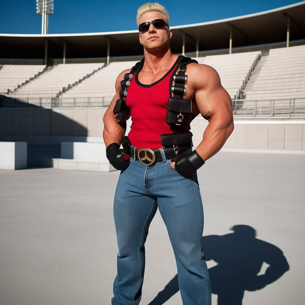 DukeNukem1024, a muscular blond man with sunglasses, wears red shirt and jeans pants, full body, nuclear symbol, stadium , highly detailed, photography, ultra sharp, film, professional, 64k <lora:add-detail-xl:1.5> <lora:DukeNukem1024:0.8>
