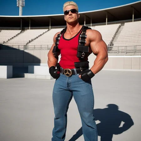 DukeNukem1024, a muscular blond man with sunglasses, wears red shirt and jeans pants, full body, nuclear symbol, stadium , highly detailed, photography, ultra sharp, film, professional, 64k <lora:add-detail-xl:1.5> <lora:DukeNukem1024:0.8>