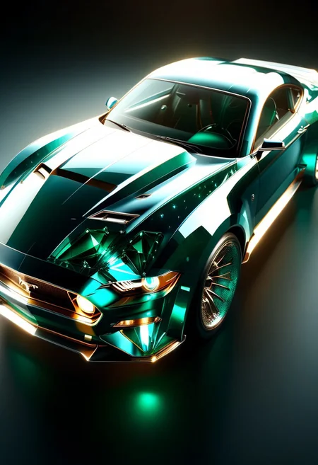 A futuristic car made entirely of transparent crystal that has hints of a 1966 Ford Mustang convertible. It is entirely made out of transparent glass crystal, ultra detailed, enhanced, prismatic colors, render, CRU, sharp, 8k, octane render, cinema 4d, blender, dark, atmospheric 4k ultra detailed, cinematic, Sharp focus, big depth of field, Masterpiece, colors, 3d octane render, 4k, concept art, hyperrealistic, Vivid colors, extremely detailed 8k wallpaper, Intricate, High Detail. Car has square LED headlights, a glowing LED Ford mustang emblem. LED running lights Car is in a futurist high tech dealer showroom on a circular platform that is lit from below. The car has several spotlights on it which only enhance the crystal. camera is looking down and sideways as the car. emeraldmorph
