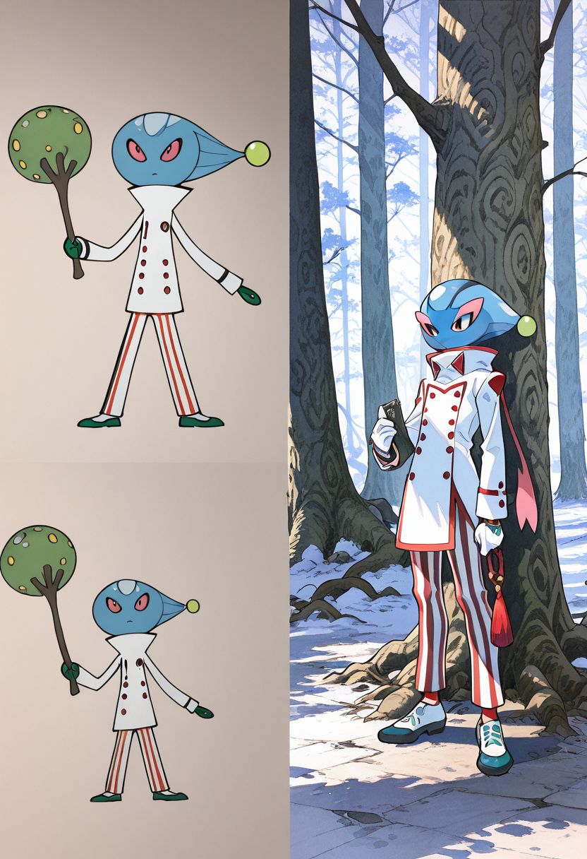 masterpiece, best quality,   gloves, long sleeves, 1boy, holding, standing, full body, male focus, shoes, striped, pants, white gloves, tree, pokemon (creature), buttons, white coat, striped pants   ,<lora:Pr0VsN00b:1.0>,
