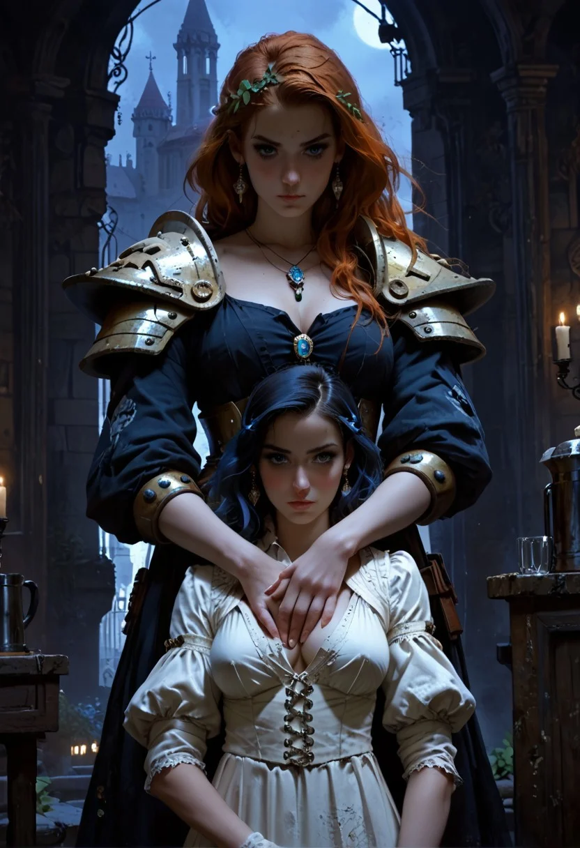 score_9, score_8_up, score_7_up, score_6_up, 2girls, 21 year old, ((night)), (wide shot),
((medieval)), short female enchantress, tall dominating female warrior, ((height difference)), in tavern, city in background, high cut clothing, ornate, nighttime, milky way, ((deep v-neck)), stone pillar, romantic, reaching between legs, (ornate clothing), ((metal armor)), ((plunging neckline)), perfect figure, ((short skirt)), intimate, (hand on crotch), arms pinned,
highly detailed skin, perfect hips, wide hips, highly detailed skin, glistening skin, gloom, movie still, ((perfect eyes)), ((Low-key lighting)), ((dark background)), dark