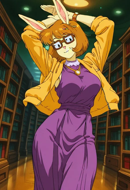 PaigeTurnerMS, 1girl, solo, furry female, anthro, short hair, brown hair, bob cut, bangs, rabbit ears, black eyes, brown square glasses, pink snout, pencil on her hair, yellow jacket, gold necklace, white collar, purple dress, gold watch, bracelets, large breast, thick thighs, brown shoes,
,seductive pose, sexy pose, tease,
masterpiece, best quality, fine details, intricate details, depth of field, subsurface scattering, bokeh,
ultra-detailed, very aesthetic, detailed background, newest, scenery, highres, absurdres, colorful, vibrant, glowing, perfect face, 2d, perfect eyes, vibrant saturated colors, volumetric lighting, sharp, detailed eyes, perfect anatomy, perfect face, perfect eyes, mature body, clear eyes, beautiful eyes, athletic, curvy body, athletic girl, perky tits, perfect tits, round breasts, pinup pose, teasing, lustful expression, perfect hands,
muscular female, dutch angle,
library,arms up, armpits, open mouth, licking lips, head tilt
,Smooth Negative, Smooth_Quality,
90s_anime_aesthetic, 1990s (style), dark_fantasy_style, dark fantasy, retro,, retro artstyle