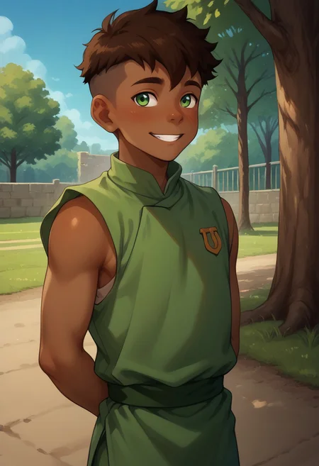 score_9, score_8_up, score_7_up, source_anime, male, Shy walking, (looking away from viewer:1.3), hands behind back, hands, happy, smiling, (Kai, Brown Hair, Undercut, Green Eyes, Brown Skin),(Prison Tunic, sleeveless), detailed face, petite body, five fingers on each hand, park background, trees, blue sky,