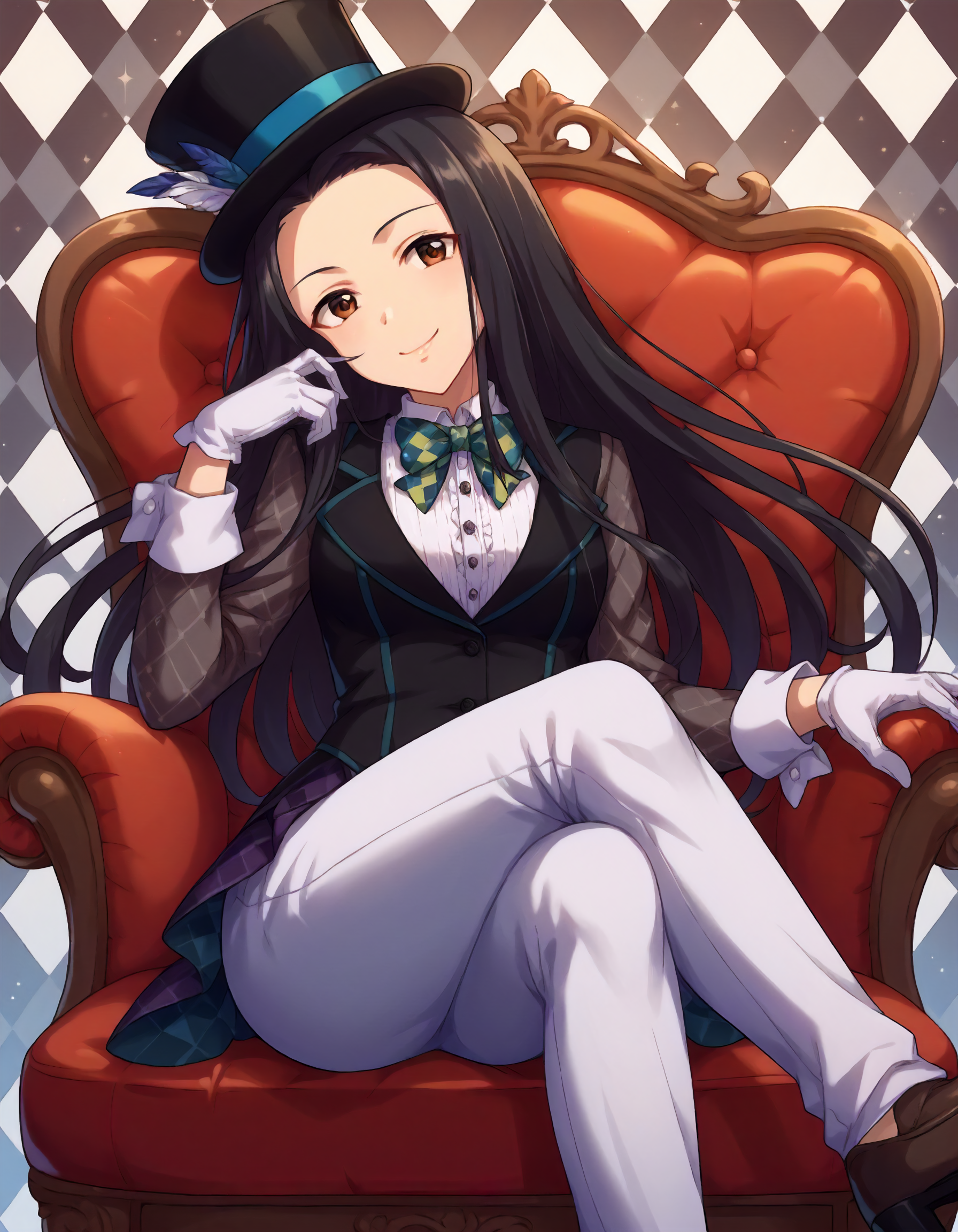 score_9,score_8_up,score_7_up,1girl,solo,siting,on chair,crossed legs,looking at viewer,smile,patterned background,
<lora:senashiori_ponyXLV6:0.8>,cgsso,
black hair,long hair,brown eyes,
argyle,long sleeves,bowtie,top hat,pants,gloves
