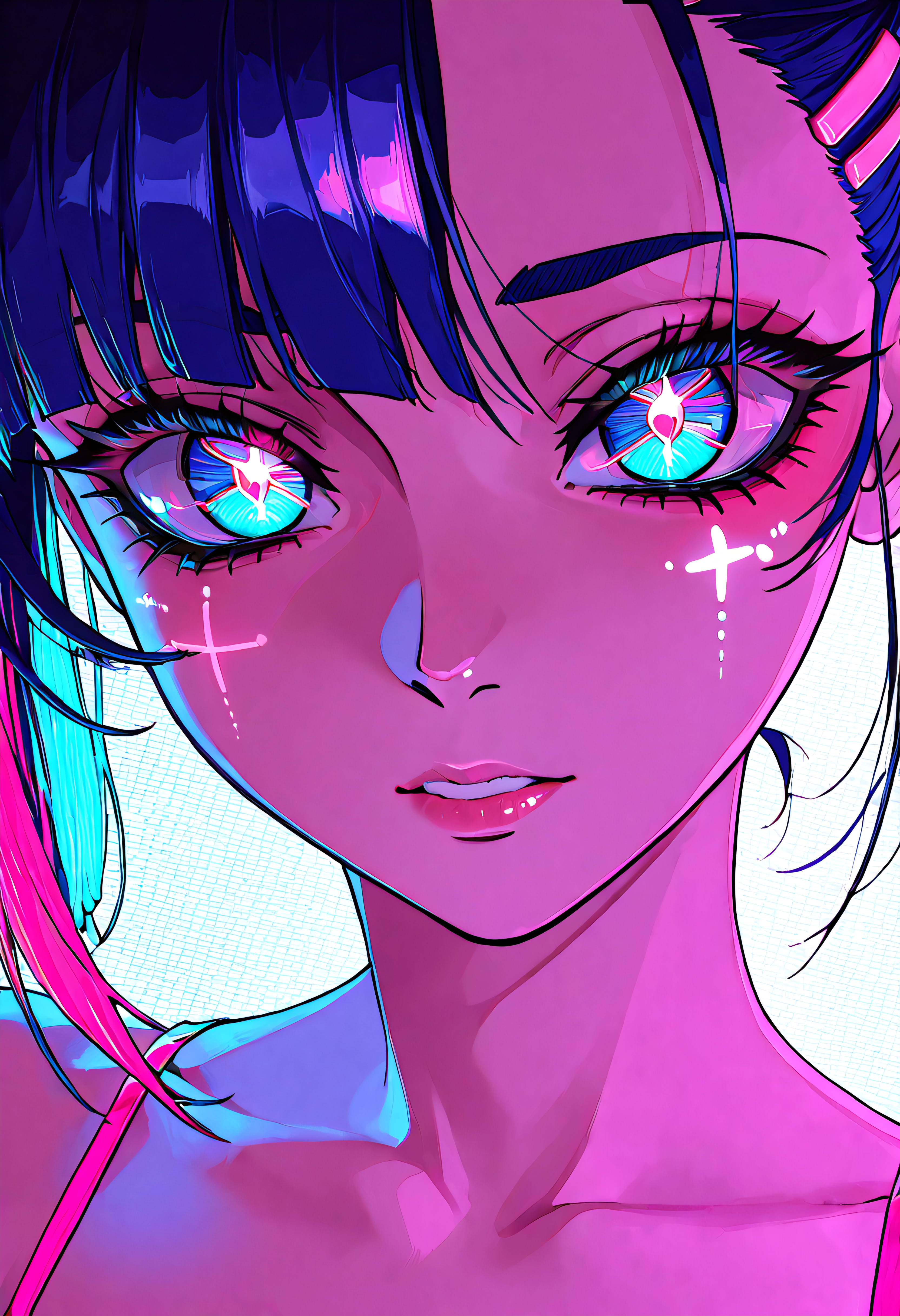 1girl, solo, neon punk ballerina with glitch tears, wistful look as if haunted by code, glitching VR nightclub in zero gravity, binary high-pass filter distortion, 90s VHS bright color scheme, plus, satanic symbols & demonic iconography, fisheye close-up portrait, hyper-detailed, cinematic lighting, 8K, ultra textural